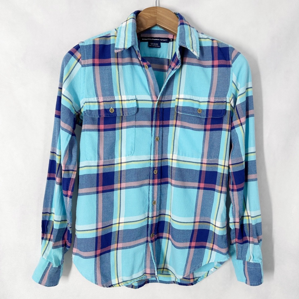 Ralph‎ Lauren Sport Brushed Cotton Turquoise Plaid Button Down Women's Size 10